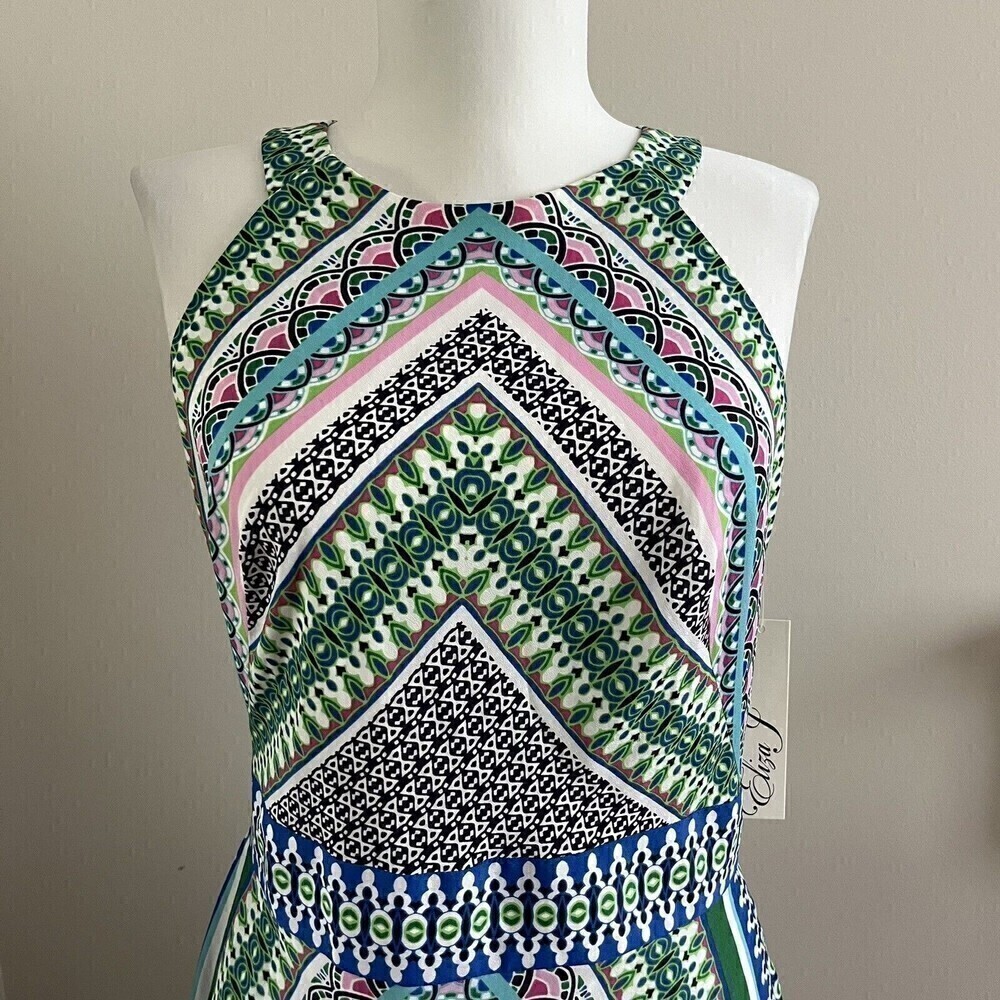 NWT Eliza J scarf Print Asymmetric Midi Dress size 8 Teal Vacation boho - Picture 9 of 15